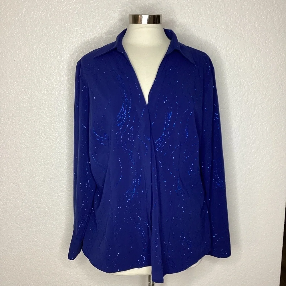 CROFT AND BARROW PLUS SIZE‎ 1X TOP BLUE SHIMMERY SPARKLY BLOUSE LONG SLEEVES EUC - Picture 2 of 9